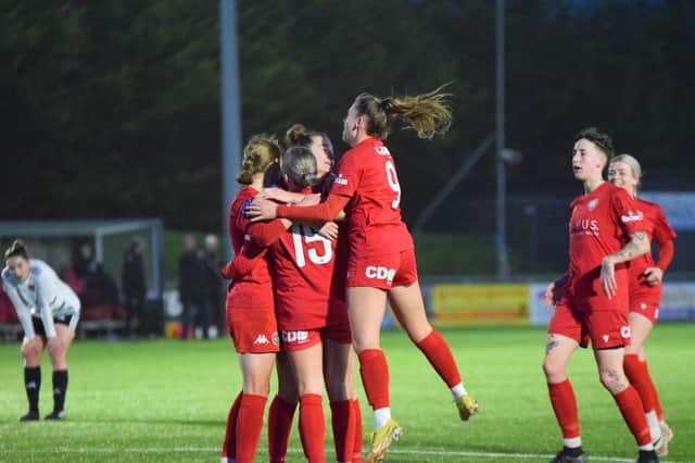 Worthing Women celebrate one of the goals that saw off Cambridge City | Picture: Onerebelsview