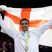 Delicious Orie of Team England celebrates during the Men's Boxing Over 92kg (Super Heavyweight) medal ceremony on day ten of the Birmingham 2022 Commonwealth Games (Photo by Eddie Keogh/Getty Images)