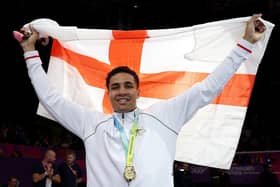 Delicious Orie of Team England celebrates during the Men's Boxing Over 92kg (Super Heavyweight) medal ceremony on day ten of the Birmingham 2022 Commonwealth Games (Photo by Eddie Keogh/Getty Images)