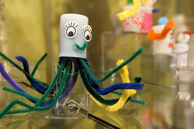 Creatures made by children on display at Littlehampton Museum OPEN art exhibition 2023 Plastic