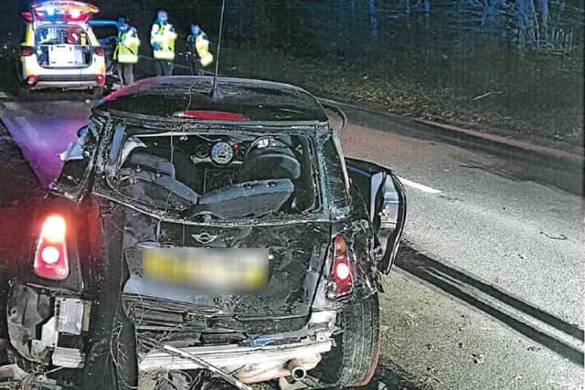 Reece Page, 27, lost control of a Mini Cooper and collided into a brick wall in Polegate Road, Hailsham. Picture: Sussex Police