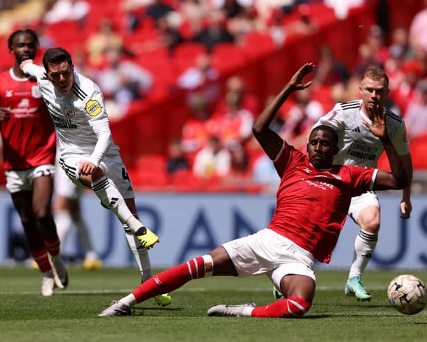 Liam Kelly has a shot saved for Crawley Town against Crewe in the League Two play-off final at Wembley. (Photo by Paul Harding/Getty Images)