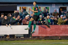 Martyn Box celebrates his late penalty - which was the winner last time Burgess Hill played at home, v Horndean | Picture: Chris Neal