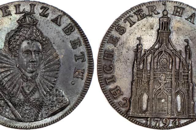 The Chichester coin features both Queen Elizabeth I and The Market Cross, paid for by Bishop Edward Storey