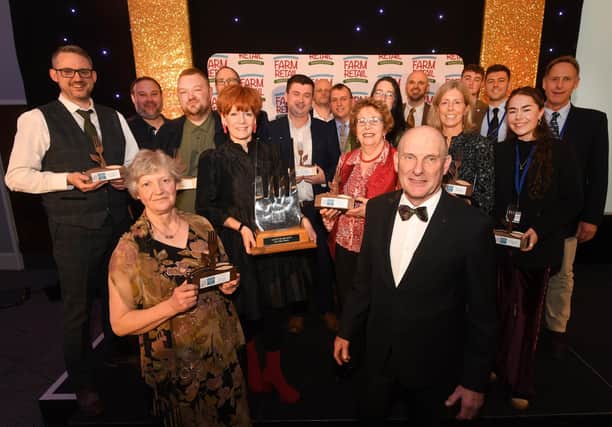 Farm Retail Awards 2024: Peter Slack ( Front centre right ) a Derbyshire dairy farmer lead the annual awards held this year in Peterborough and is joined on stage by the nine categorie winners he presented trophies too.©Russell Sach - 0771 882 6138