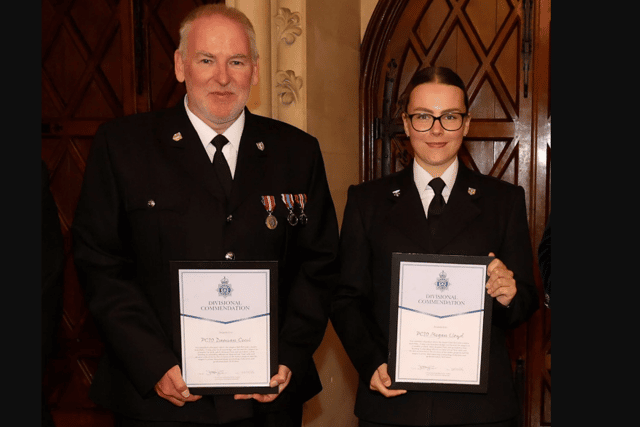 Megan Lloyd and Damian Cecil, of Horsham Neighbourhood Policing Team, received commendations at Sussex Police’s West Sussex Divisional Awards. Photo: Sussex Police