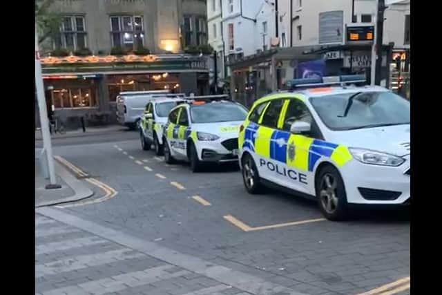 Some of the police cars outside Brighton Railway Station on Tuesday, May 17