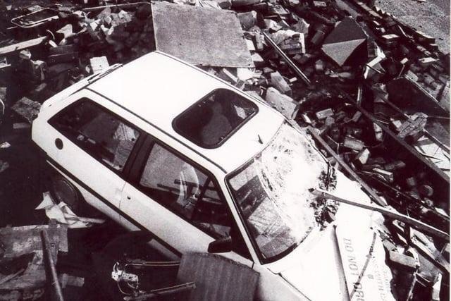 A damaged car.
