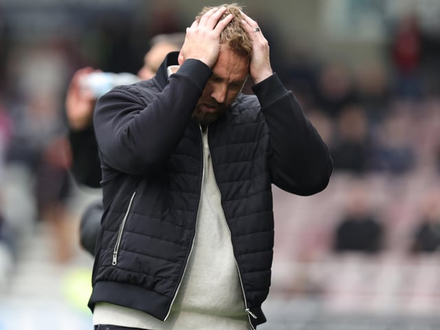 Crawley Town manager Rob Elliot holds his head during the Sky Bet League One match between Northampton Town FC and Crawley Town FC at Sixfields on October 26, 2024 in Northampton, England. (Photo by Pete Norton/Getty Images)