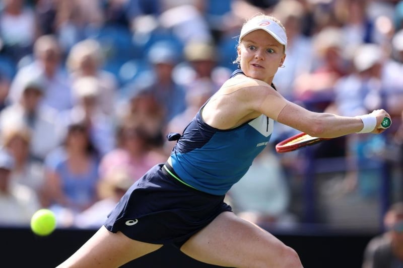 EASTBOURNE, ENGLAND - JUNE 28: Harriet Dart of Great Britain in action during their second round women's singles match against Jelena Ostapenko of Latvia during Day Five of the Rothesay International Eastbourne at Devonshire Park on June 28, 2023 in Eastbourne, England. (Photo by Charlie Crowhurst/Getty Images for LTA):Action from Wednesday's play at the Rothesay International at Devonshire Park, Eastbourne