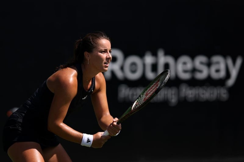 EASTBOURNE, ENGLAND - JUNE 24: Jodie Burrage of Great Britain in action during her women's singles match against Kamilla Rakhimova during Day One of the Rothesay International Eastbourne at Devonshire Park on June 24, 2023 in Eastbourne, England. (Photo by Charlie Crowhurst/Getty Images for LTA):Images from the opening day of qualifying at the 2023 Rothesay International at Devonshire Park, Eastbourne