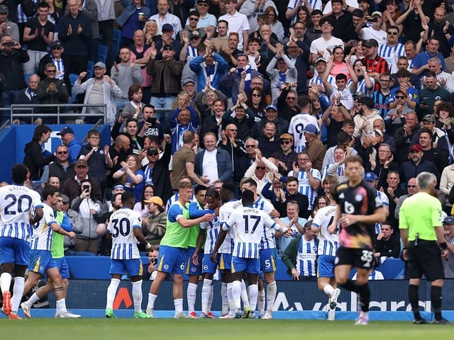 Joao Pedro of Brighton & Hove Albion celebrates scoring his team's second goal