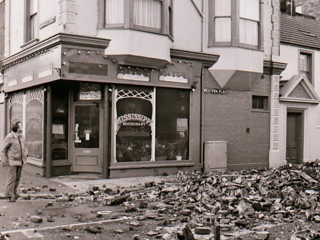 Debris strewn across Western Place, Worthing, the morning after the Great Storm