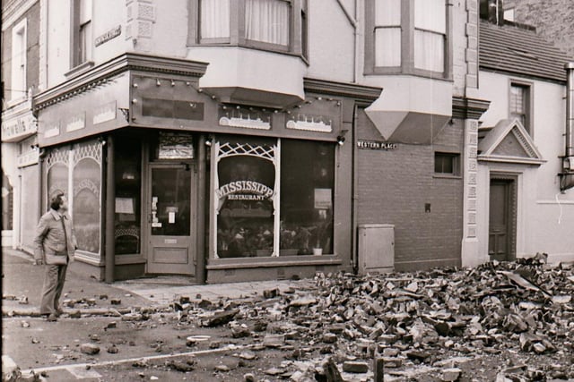Debris strewn across Western Place, Worthing, the morning after the Great Storm