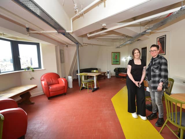 Freedom Works. The Palace Workspace, Hastings.
L-R: Rose Rotchell, Cluster Manager, and Hannah Russell, Community Manager, on Floor 5 of the building.