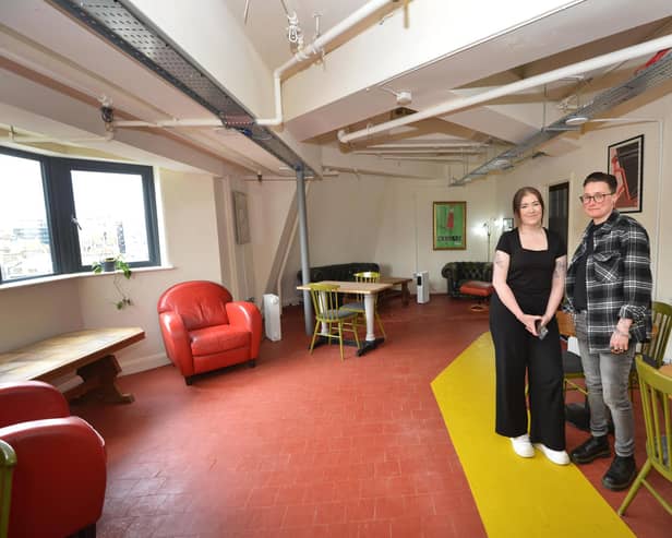 Freedom Works. The Palace Workspace, Hastings.
L-R: Rose Rotchell, Cluster Manager, and Hannah Russell, Community Manager, on Floor 5 of the building.