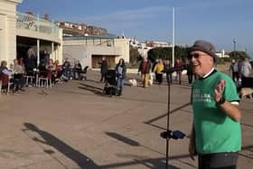 Kevin, the ‘Macmillan Busker’ performing on the promenade at Bexhill-on-sea