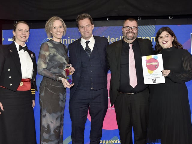 Pictured is: (left) Commander Sara Balls, head of Royal Navy Apprenticeships and headline sponsor for the awards with (second and third left) Peta Training & Consultancy Ltd, winners of the Training Provider/Programme of the Year award, with highly commended nominees in this category.
