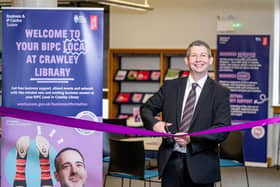 Duncan Crow, West Sussex County Council Cabinet Member for Community Support, Fire and Rescue, officially opening the BIPC Local at Crawley Library.
