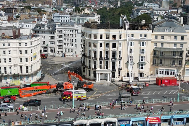 Photos from the scene show the devastation at Royal Albion Hotel following the blaze and its prepared demolition.