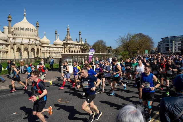 Participants run past the Royal Pavilion in mile four of The Brighton Marathon on Sunday 7th April 2024.Photo: Andrew Baker for London Marathon EventsFor further information: media@londonmarathonevents.co.uk:Images from the 2024 Brighton Marathon