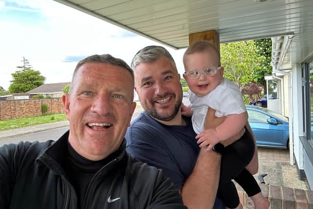 Arthur with his dad Kerry Hardwell and grandad Keith, who will undertake the 26.2 miles to boost the funds of MACS (microphthalmia, anophthalmia and coloboma support)