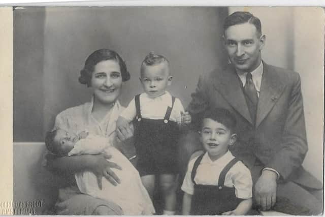 Steven’s mother Beatrix with his younger brother Carel; next Steven; and his father Leonard David Frank, with his elder brother Nicholas, 1937