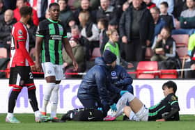 Kaoru Mitoma of Brighton & Hove Albion receives medical treatment after being fouled by Mason Holgate of Sheffield United | Picture: Getty