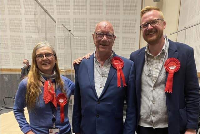 Carmen Appich (Brighton & Hove Labour Group's co-leader) with new councillor Robert Mcintosh and Lloyd Russell-Moyle MP for Brighton Kemptown