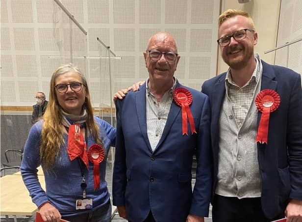 Carmen Appich (Brighton & Hove Labour Group's co-leader) with new councillor Robert Mcintosh and Lloyd Russell-Moyle MP for Brighton Kemptown