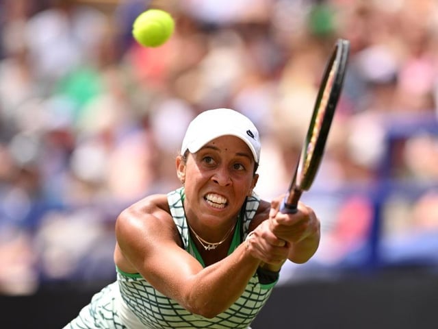 EASTBOURNE, ENGLAND - JULY 01: Madison Keys of United States plays a backhand against Daria Kasatkina during the Women's Singles Final match on Day Eight of Rothesay International Eastbourne at Devonshire Park on July 01, 2023 in Eastbourne, England. (Photo by Justin Setterfield/Getty Images):Action from Saturday's finals at the Rothesay tennis international at Devonshire Park, Eastbourne