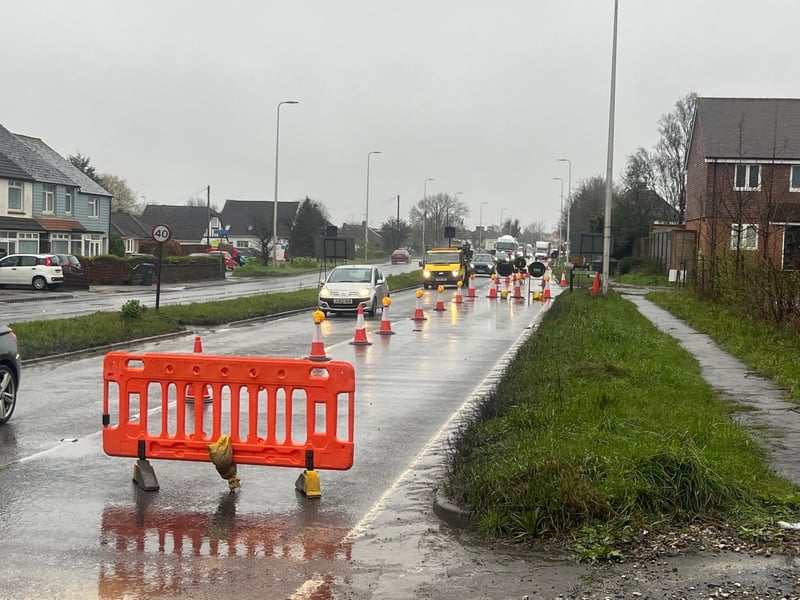 Traffic has been reduced to one lane, with dozens of cones in place, on the A27 eastbound – just past Lancing roundabout.