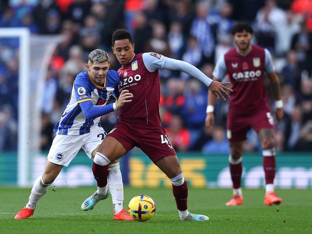 Jacob Ramsey of Aston Villa is challenged by Julio Enciso of Brighton & Hove Albion during the Premier League at the Amex in November