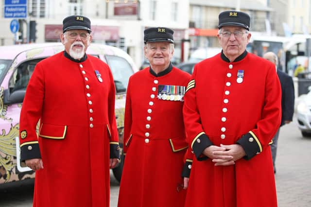 Chelsea Pensioners, from left, Peter Turner, Mick Shanahan and Terrence Flynn on the 2019