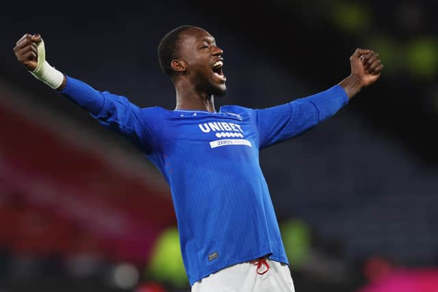 Abdallad Sima of Rangers reacts after the team's victory in the Viaplay Cup Semi Final match between Heart of Midlothian and Rangers at Hampden Park on November 05, 2023 in Glasgow, Scotland. (Photo by Ian MacNicol/Getty Images)