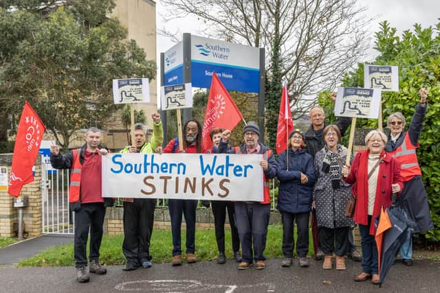 Anti-pollution campaigners staged a protest outside Southern Water’s HQ in Worthing. Photo: Bill Brooks