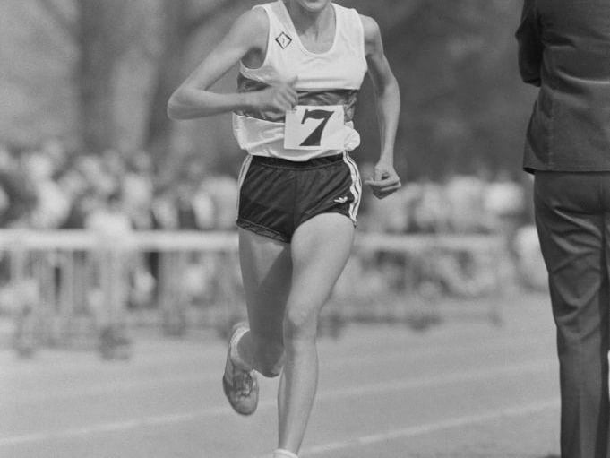 South African middle-distance and long-distance runner Zola Budd in action during a Womens 3000 metres event in Crawley, on 15th April 1984.