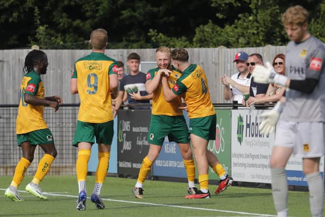 Horsham celebrate James Hammond's free-kick - which proved the winner v Cheshunt | Picture by John Lines