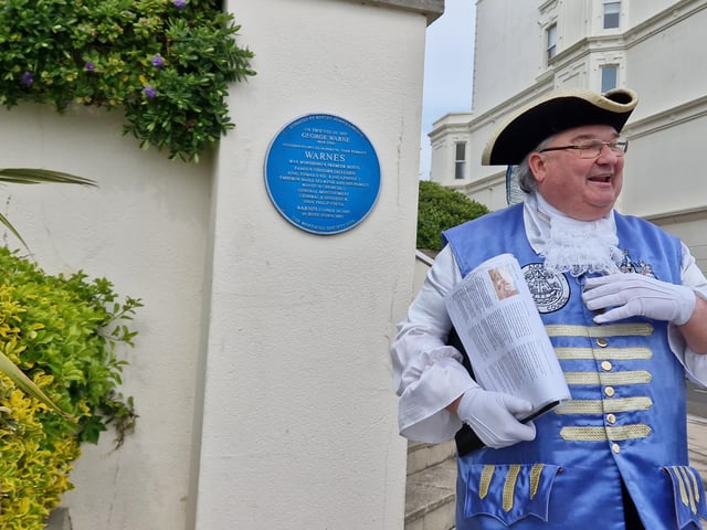 Worthing town crier Bob Smytherman launched his new walk on Tuesday, April 2, followed by afternoon tea at Worthing Town Hall to raise money for the mayor's charities, Broadwater Support Group and Community Hub, CYCALL inclusive cycling and the Parkinson's UK Worthing and Washington Group. Using information provided by The Worthing Society, Bob led a group of around 20 people on a three-hour walk around the town centre and seafront, giving many stories of the area's history en route.