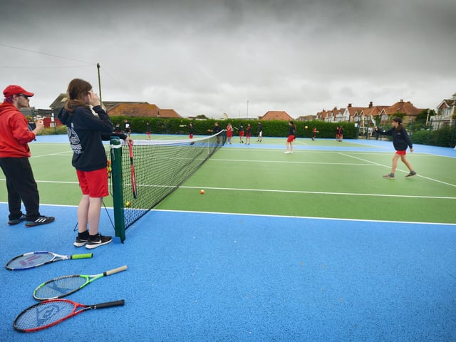 Culture Secretary Lucy Frazer marks the refurbishment of 1,000 public tennis courts. Photocall on June 29 at the tennis courts on Royal Parade, Eastbourne, with children from Bourne Primary School and Scott Lloyd, CEO Lawn Tennis Association.