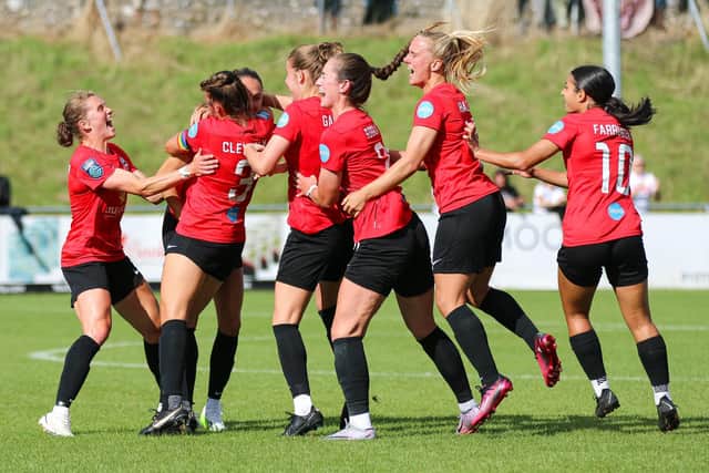 Lewes celebrate Hollie Olding's opener v Southampton | Picture: James Boyes
