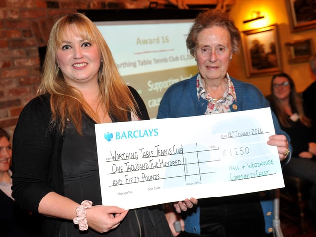 Judge Tessa Woodhouse presents a cheque for £1,250 to Worthing Table Tennis Club