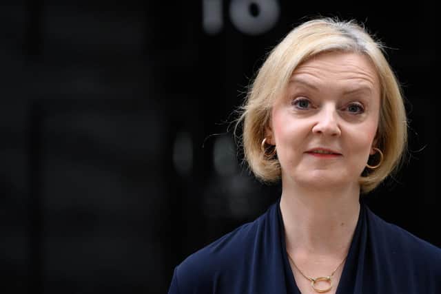 Prime Minister Liz Truss announces her resignation as she addresses the media outside number 10 at Downing Street. (Photo by Leon Neal/Getty Images)