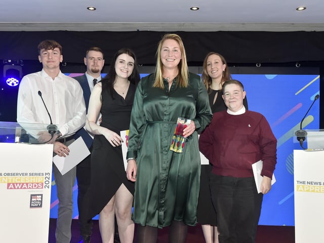 Pictured is: (centre) Sophy Roseaman of Portsmouth City Council, winner of the Construction Apprentice of the Year award, with the highly commended nominees in this category.