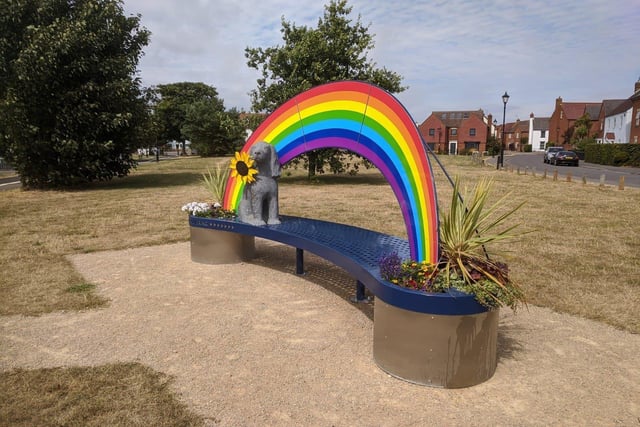 The Sunflower Dog and Rainbow Bench outside Angmering Community Centre