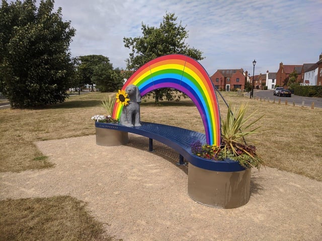 The Sunflower Dog and Rainbow Bench outside Angmering Community Centre