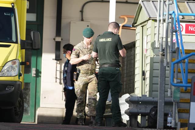 As with the first strike days before Christmas, the military were pictured in action, supporting the few ambulance crews – helping to deliver critical patients at the Royal Sussex County Hospital in Brighton. Photo: Eddie Mitchell