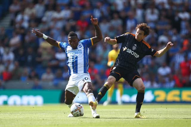 BRIGHTON, ENGLAND - AUGUST 27: Pervis Estupiñán of Brighton & Hove Albion battles for possession with Brenden Aaronson of Leeds United during the Premier League match between Brighton & Hove Albion and Leeds United at American Express Community Stadium on August 27, 2022 in Brighton, England. (Photo by Charlie Crowhurst/Getty Images)