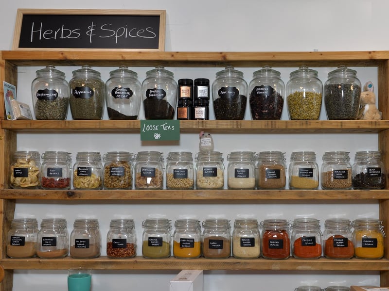 A variety of herbs and spices, as well as loose teas, are available