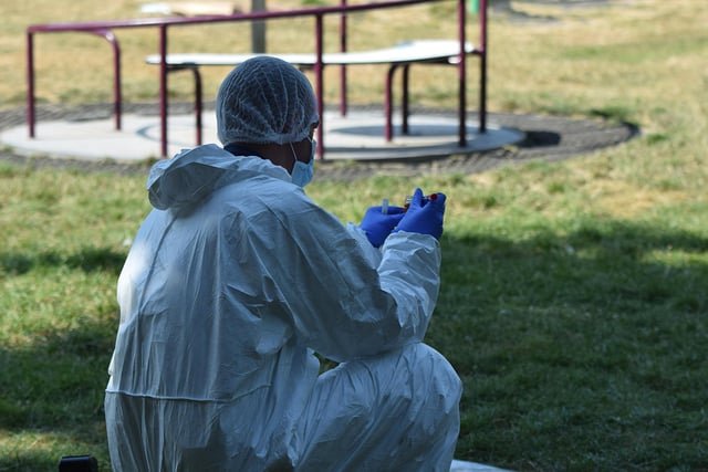 Forensics investigate serious incident in Eastbourne's Hartfield Square Park. Photo: Dan Jessup
